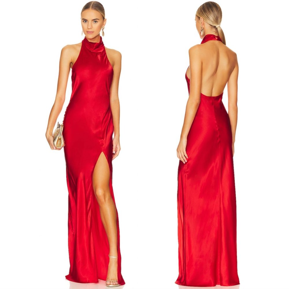 Amanda Uprichard x REVOLVE Marla Gown Poppy Red Silk Satin Maxi Dress Samba